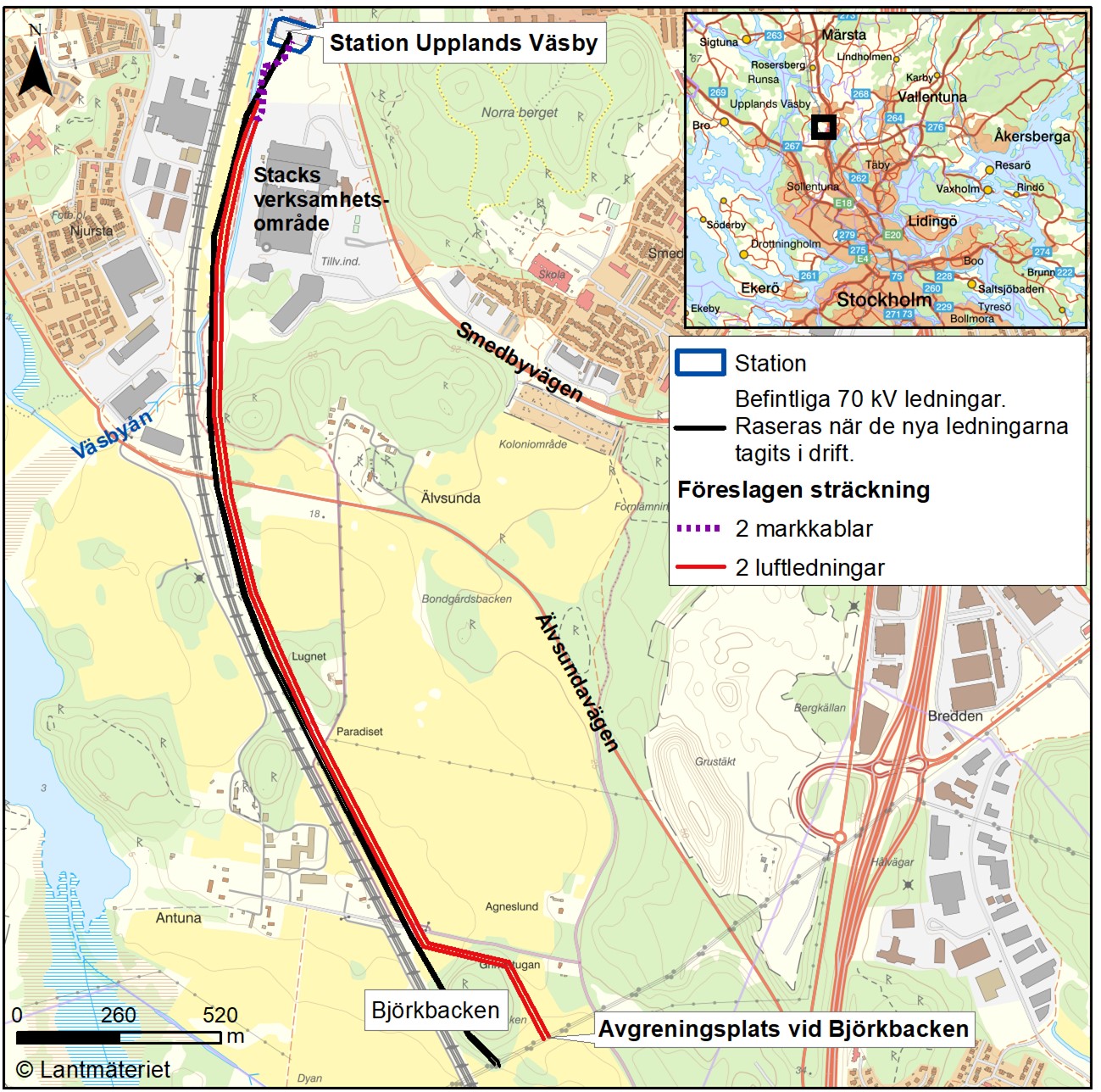 Föreslagen ledningssträckning för de två nya 130 kV ledningarna mellan Björkbacken och station Upplands Väsby.